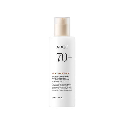 ProtoClinical k-beauty Anua Rice 70 Intense Moisturizing Milk 150ml single upright pale beige bottle centered on a white background with soft peach side shading
