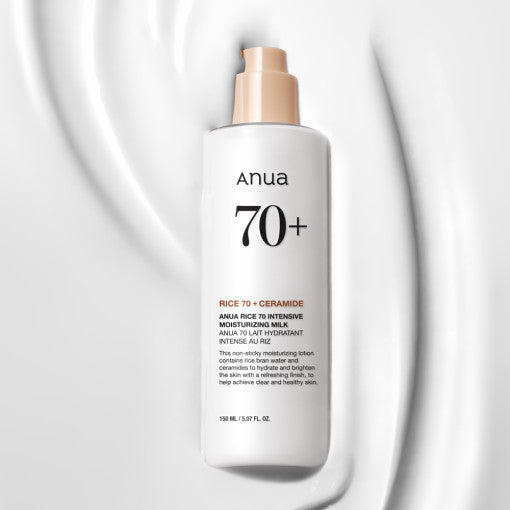 ProtoClinical k-beauty Anua Rice 70 Intense Moisturizing Milk 150ml single upright pale beige bottle in a square studio crop on a soft cream background