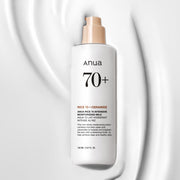 ProtoClinical k-beauty Anua Rice 70 Intense Moisturizing Milk 150ml single upright pale beige bottle in a square studio crop on a soft cream background