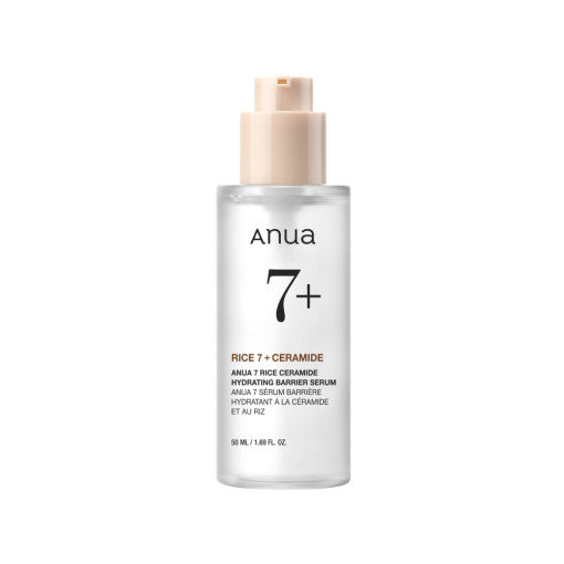 ProtoClinical k-beauty Anua RICE CERAMIDE 7 HYDRATING BARRIER SERUM 50ml single upright gray serum bottle centered on a white background with soft peach side shading