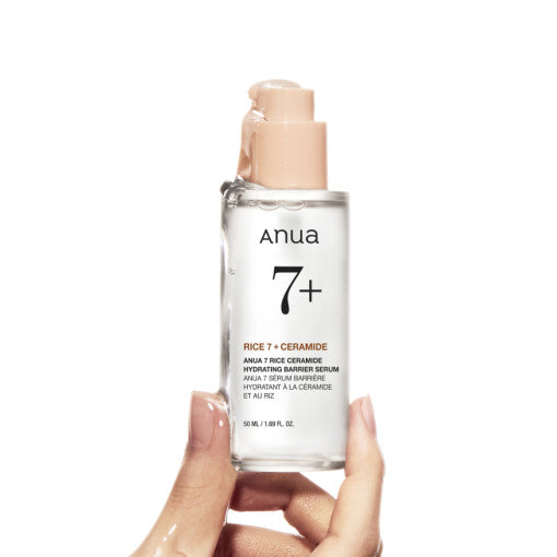 ProtoClinical k-beauty Anua RICE CERAMIDE 7 HYDRATING BARRIER SERUM 50ml single upright gray serum bottle centered on a white background with soft peach side shading