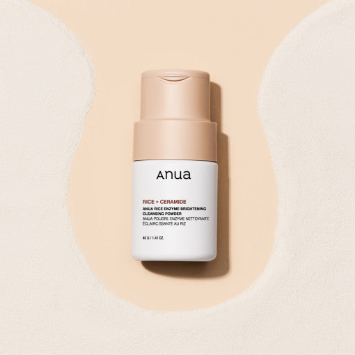 ProtoClinical k-beauty Anua RICE ENZYME BRIGHTENING CLEANSING POWDER 40g single pale peach cleansing powder package centered on a clean white background.