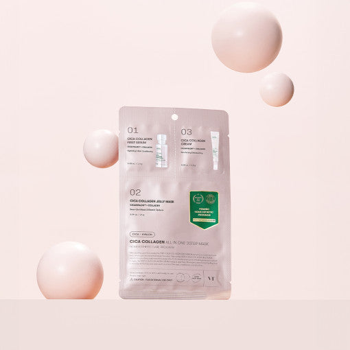 ProtoClinical k-beauty VT Cica Collagen All In One 3step Mask 1.5g+24g+1.5g square mask package graphic with green and pale pink tones