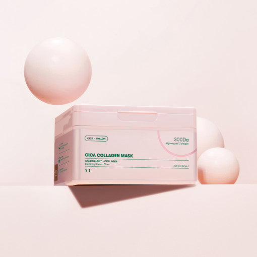 ProtoClinical k-beauty VT Cica Collagen Mask 320g 30ea square daily mask tub package graphic with green and white packaging tones