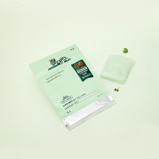 ProtoClinical k-beauty VT Cica Reti-A 7 Days Mask 110g square mask package graphic with green and pale yellow packaging tones