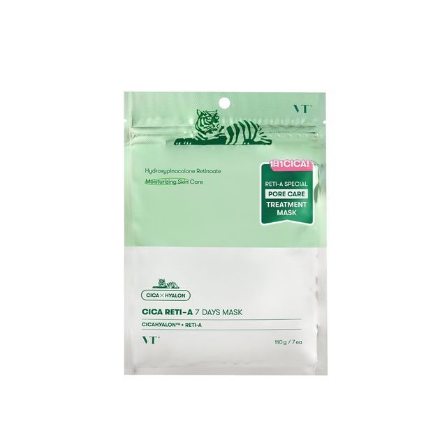 ProtoClinical k-beauty VT Cica Reti-A 7 Days Mask 110g square mask detail graphic with green and yellow-toned panels
