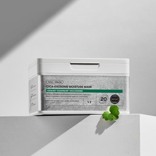 ProtoClinical k-beauty VT Cica-Exosome Moisture Mask 350g 20ea square mask package graphic with green and white packaging tones