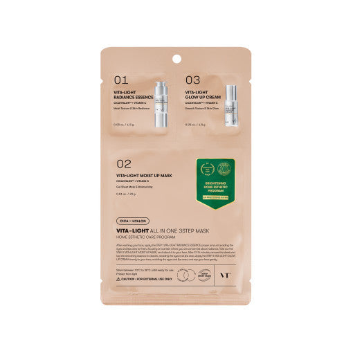 ProtoClinical k-beauty VT Vita-Light All In One 3step Mask 1.5g+24g+1.5g shown as a single warm beige vertical package centered on a white background with pale blue side panels