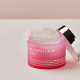 ProtoClinical k-beauty isoi Blemish Care Pad 60ea(110g) pink product packshot with rose square panels, soft green corner accents, and centered layout
