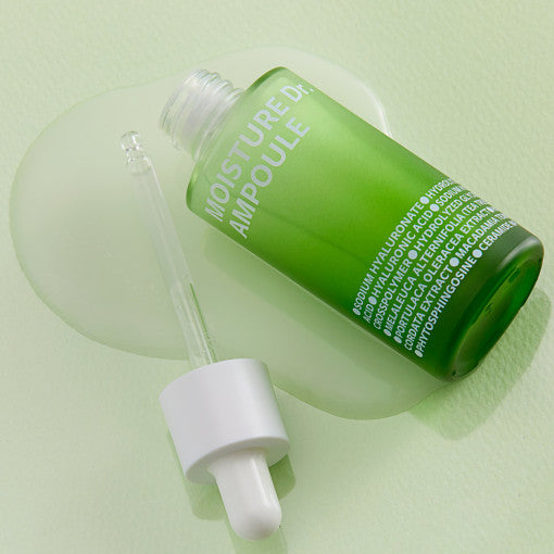 ProtoClinical k-beauty isoi Moisture Dr. Ampoule 40ml in a pale green bottle centered upright on a light background with soft lavender side bands