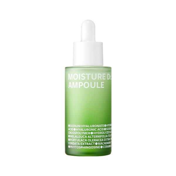 ProtoClinical k-beauty isoi Moisture Dr. Ampoule 40ml in a tall pale green bottle centered upright on a light background with soft lavender side bands.