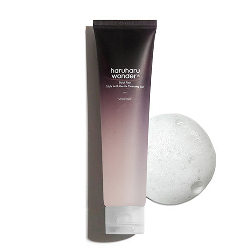 [haruharu wonder] Black Rice Triple AHA Gentle Cleansing Gel 100ml by ProtoClinical shown as a cleansing gel tube and product box on a light background for a k-beauty skincare routine.