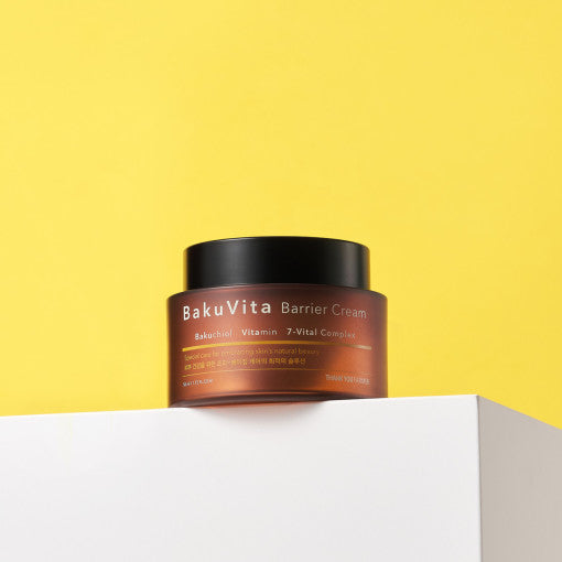 ProtoClinical k-beauty yellow beauty product silhouette with a dark olive center and a soft lavender base on a light background.