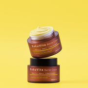 ProtoClinical k-beauty warm yellow beauty product silhouette with a deep brown center on a light background.
