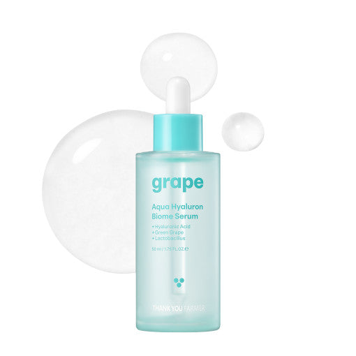 ProtoClinical k-beauty [THANK YOU FARMER] Grape Aqua Hyaluron Biome Serum 50ml shown as a single centered upright product package with soft pink-beige and pale blue tones on a light background.
