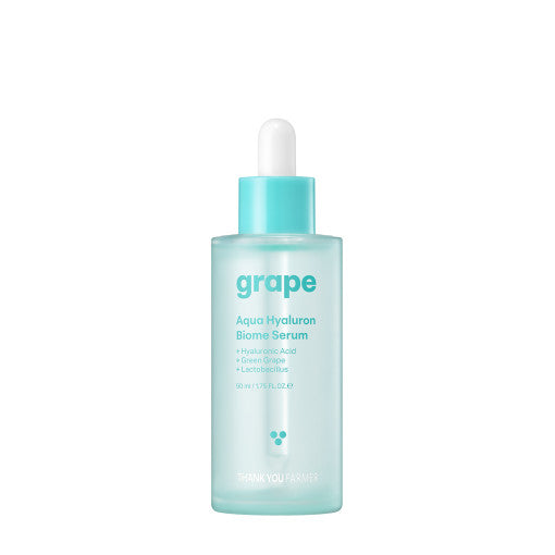 ProtoClinical k-beauty [THANK YOU FARMER] Grape Aqua Hyaluron Biome Serum 50ml shown as a single centered upright product package with pale blue and cream tones on a light background.