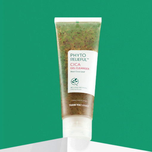ProtoClinical k-beauty [THANK YOU FARMER] Phyto Relieful Cica Gel Cleanser 120ml single upright gel cleanser package centered on a light background.