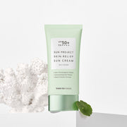 ProtoClinical k-beauty [THANK YOU FARMER] Sun Project Skin Relief Sun Cream SPF50+ PA++++ 50ml single upright sun cream package centered on a light background.
