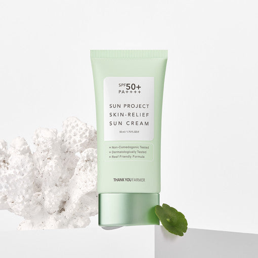 ProtoClinical k-beauty [THANK YOU FARMER] Sun Project Skin Relief Sun Cream SPF50+ PA++++ 50ml single upright sun cream package centered on a light background.