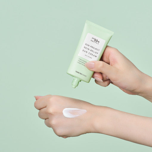 ProtoClinical k-beauty [THANK YOU FARMER] Sun Project Skin Relief Sun Cream SPF50+ PA++++ 50ml single upright sun cream package on a light background.