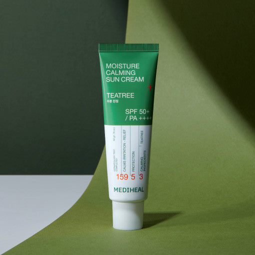 ProtoClinical k-beauty MEDIHEAL Moisture Calming Sun Cream Tea Tree 50ml (SPF 50+, PA++++) shown as a single product set in a front-facing studio packshot on a clean white background