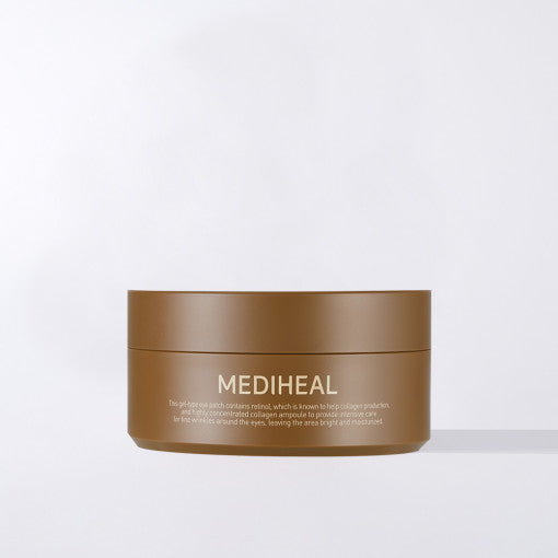 ProtoClinical k-beauty MEDIHEAL: Retinol Collagen Eye Ampoule Patch 60p deep brown oval eye patch jar centered on a light background with soft pale blue side accents