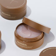 ProtoClinical k-beauty MEDIHEAL: Retinol Collagen Eye Ampoule Patch 60p shown as a warm brown product silhouette centered on a white background with soft blush and pale blue side accents