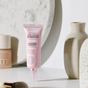 ProtoClinical k-beauty muted taupe beauty graphic with soft vertical brown and gray forms on a light background.