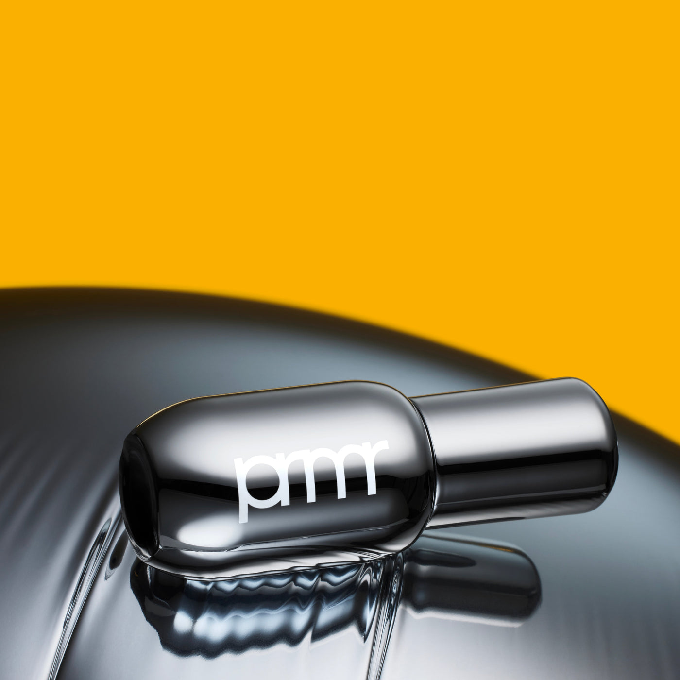 ProtoClinical k-beauty primera Retinol Volume Lip Serum 12g in a reflective silver bottle lying sideways on a mirrored surface against a vivid yellow background