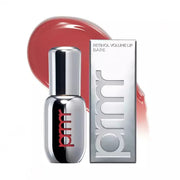 ProtoClinical k-beauty primera Retinol Volume Lip Serum 12g with a reflective silver bottle, silver carton, and a rosy gloss swatch on a white background