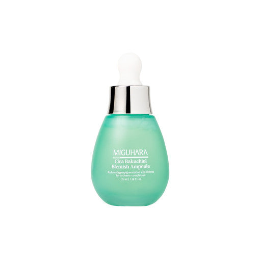 ProtoClinical k-beauty MIGUHARA Cica Bakuchiol Blemish Ampoule 35ml single gray-green bottle silhouette centered on a pale background with soft blue side shading