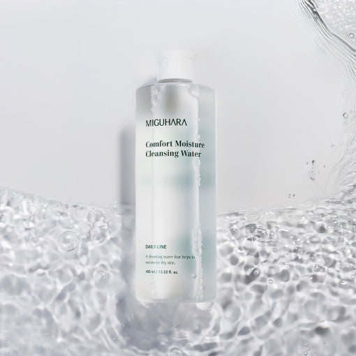 ProtoClinical k-beauty MIGUHARA Comfort Moisture Cleansing Water 400ml pale blue-gray product detail with a soft vertical gray center on a light background