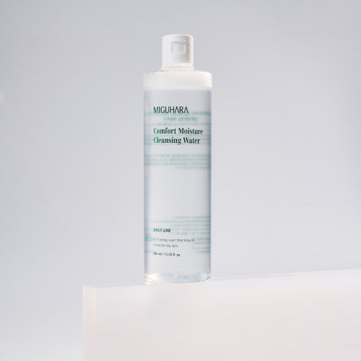 ProtoClinical k-beauty MIGUHARA Comfort Moisture Cleansing Water 400ml pale lilac product silhouette with a soft gray center on a light background