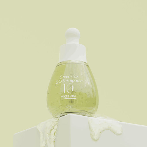 ProtoClinical k-beauty MIGUHARA Green-Tox S.O.S Ampoule 35ml pale yellow product silhouette on a light background