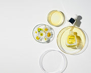 ProtoClinical k-beauty pale lavender beauty graphic with olive vertical forms on a light background.