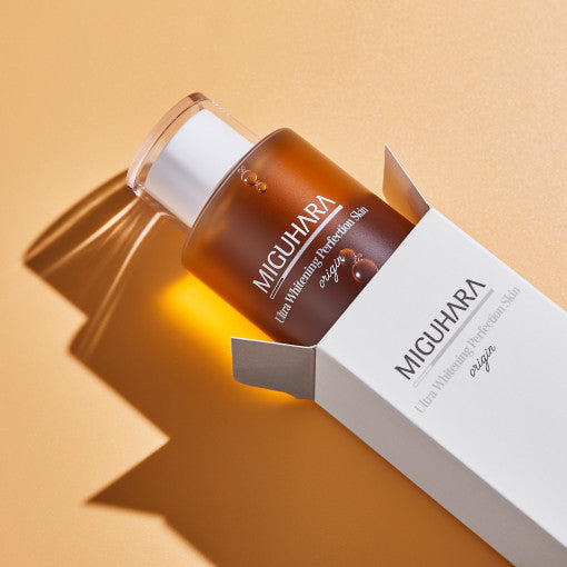 ProtoClinical k-beauty warm beige beauty product detail on a soft peach and pale blue background.