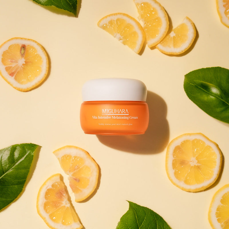 ProtoClinical k-beauty warm yellow beauty product detail with olive side accents on a light background.