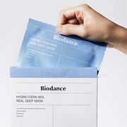Biodance Hydro Cera-Nol Real Deep Mask Sheet 4P by ProtoClinical presented in a product-focused mask image on a clean background, highlighting the sheet mask packaging for a k-beauty skincare routine.
