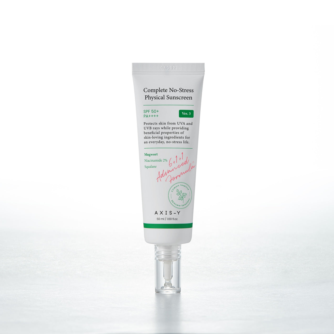 AXIS-Y Complete No-Stress Physical Sunscreen V.3 50ml by ProtoClinical shown in a thumbnail-style sunscreen product visual with branded packaging for a k-beauty skincare routine.