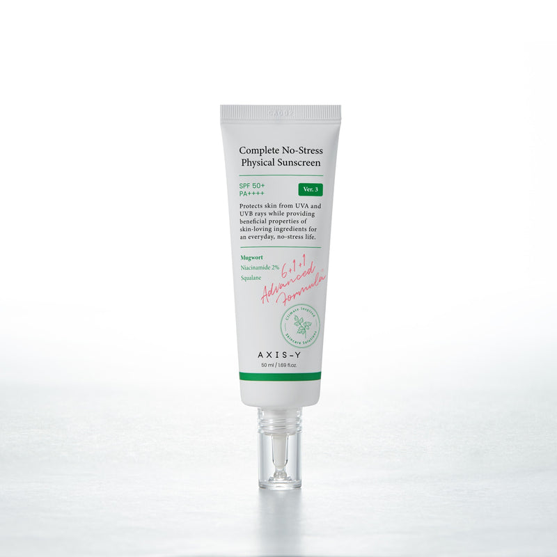 AXIS-Y Complete No-Stress Physical Sunscreen V.3 50ml by ProtoClinical shown in a thumbnail-style sunscreen product visual with branded packaging for a k-beauty skincare routine.