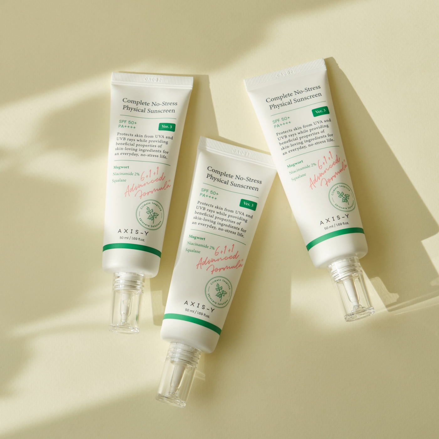 AXIS-Y Complete No-Stress Physical Sunscreen V.3 50ml by ProtoClinical displayed in a detailed sunscreen graphic with product packaging and branded design for a k-beauty routine.