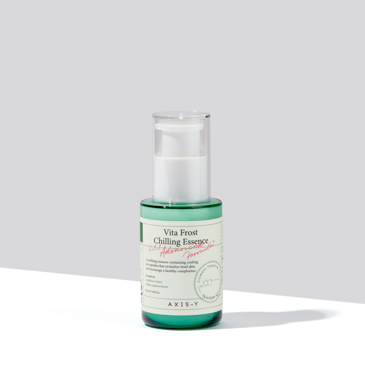 AXIS-Y Vita Frost Chilling Essence 50ml by ProtoClinical shown in a branded product graphic with the essence bottle on a clean cool-toned background for a k-beauty skincare routine.