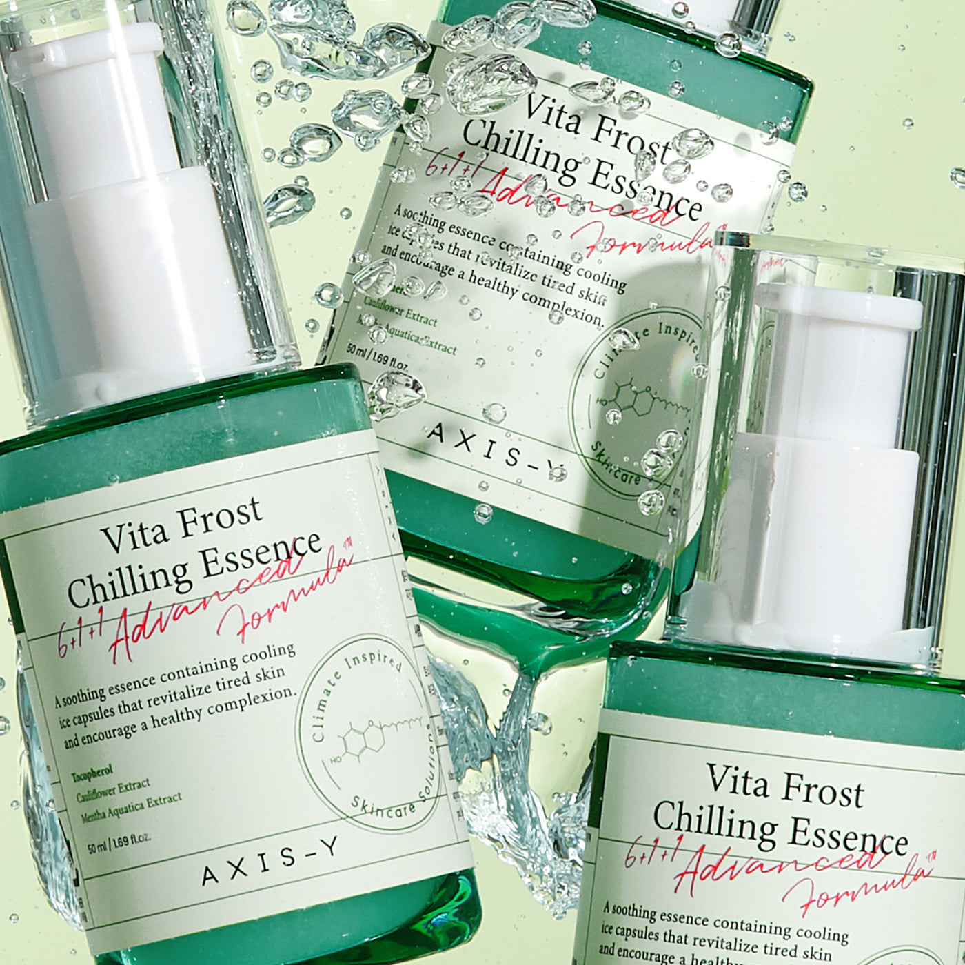 AXIS-Y Vita Frost Chilling Essence 50ml by ProtoClinical shown in a detailed essence product shot on a clean background, highlighting the branded bottle for a k-beauty skincare routine.