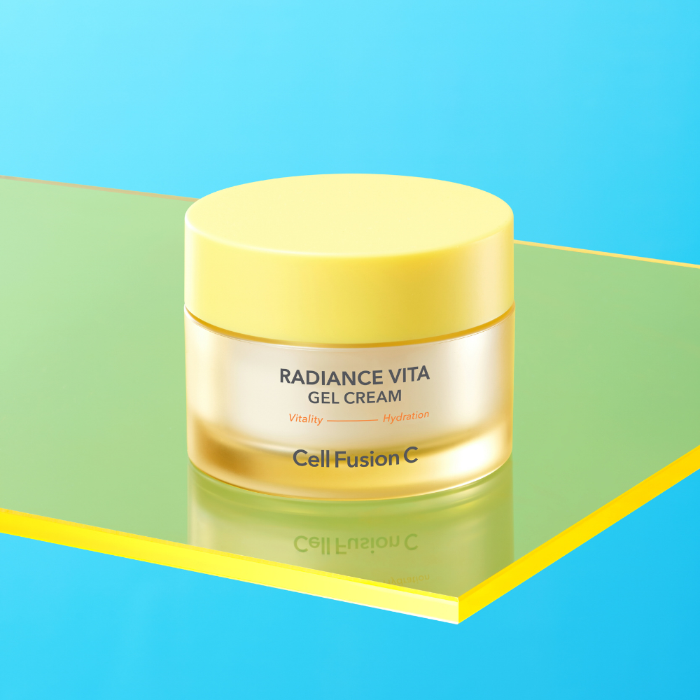ProtoClinical k-beauty [Cell Fusion C] Radiance Vita Gel Cream 55ml frosted yellow jar beside the matching white carton box on a clean white background
