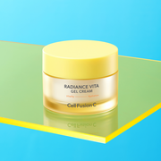 ProtoClinical k-beauty [Cell Fusion C] Radiance Vita Gel Cream 55ml frosted yellow jar beside the matching white carton box on a clean white background