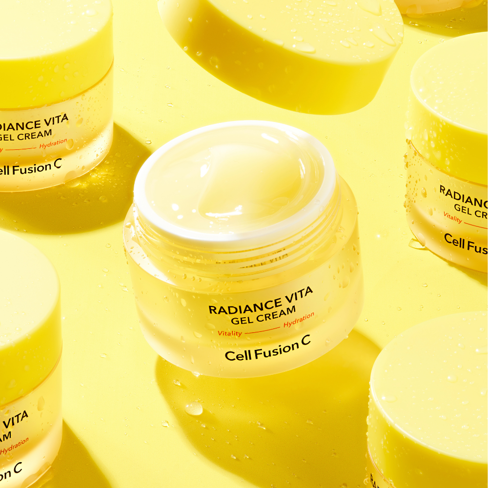 ProtoClinical k-beauty [Cell Fusion C] Radiance Vita Gel Cream 55ml frosted yellow jar with a bright yellow lid on a clean white background