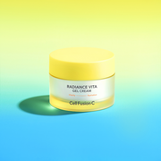 ProtoClinical k-beauty [Cell Fusion C] Radiance Vita Gel Cream 55ml back label close-up on a frosted yellow jar with a bright yellow lid on a clean white background