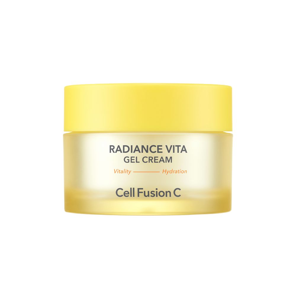 ProtoClinical k-beauty [Cell Fusion C] Radiance Vita Gel Cream 55ml angled frosted yellow jar with a bright yellow lid on a clean white background