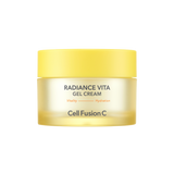 ProtoClinical k-beauty [Cell Fusion C] Radiance Vita Gel Cream 55ml angled frosted yellow jar with a bright yellow lid on a clean white background