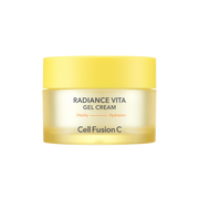 ProtoClinical k-beauty [Cell Fusion C] Radiance Vita Gel Cream 55ml angled frosted yellow jar with a bright yellow lid on a clean white background